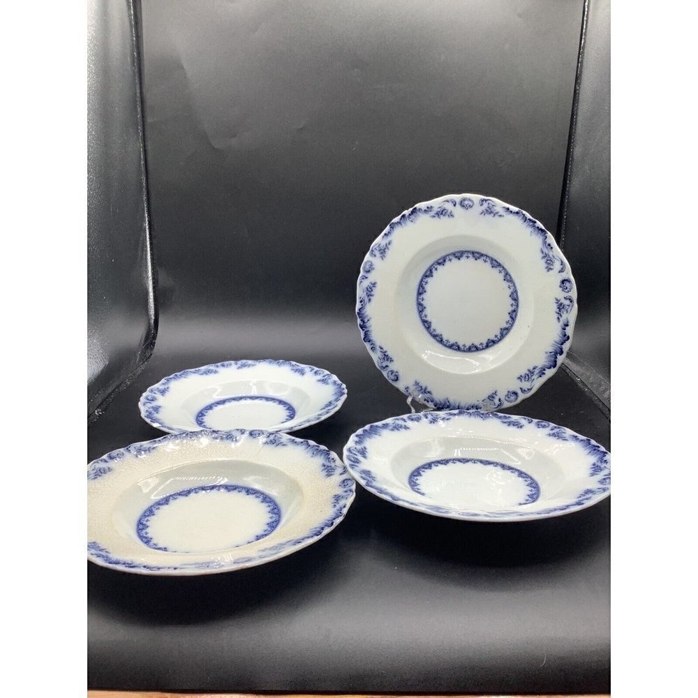 4 1890 Antique Flow Blue 9”  Luncheon Plates, Acantha  J&G Meakin ENGLAND